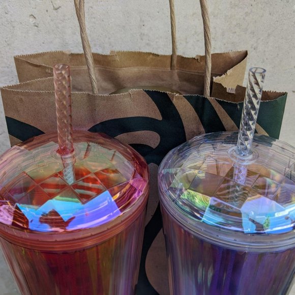 2 Starbucks Iridescent Diamond Tumbler Rose Clear - Picture 3 of 9
